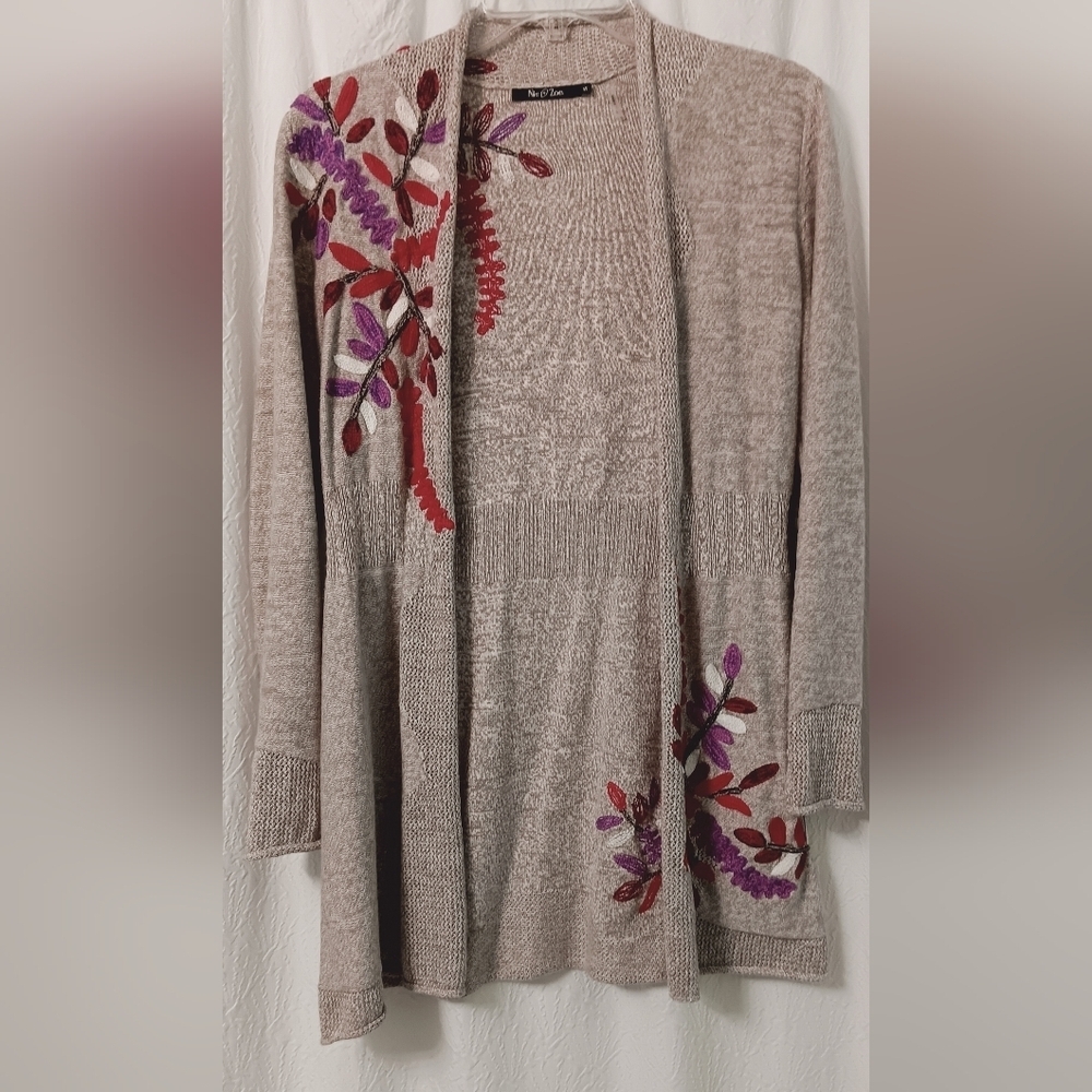 Nic + Zoe Embroidered Floral Open Front Cardigan Sweater Size Small